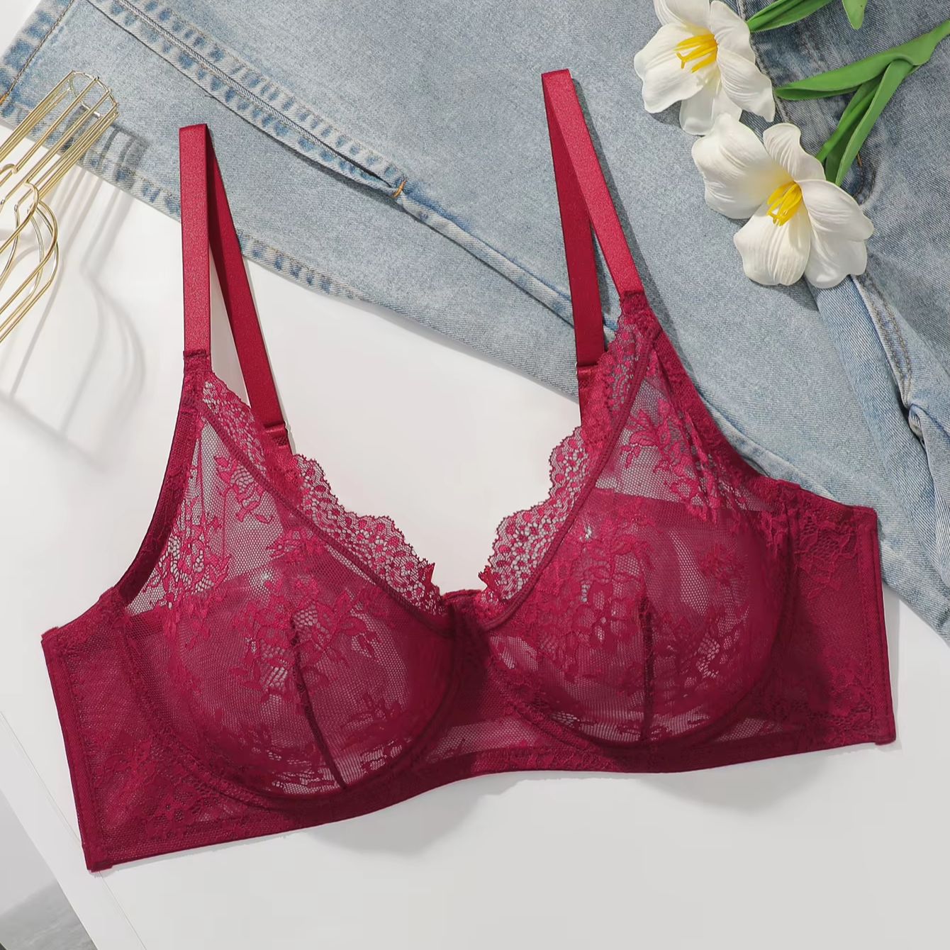 Dames grote maten rode kanten  - Sheer Mesh Bra recensie en prijs